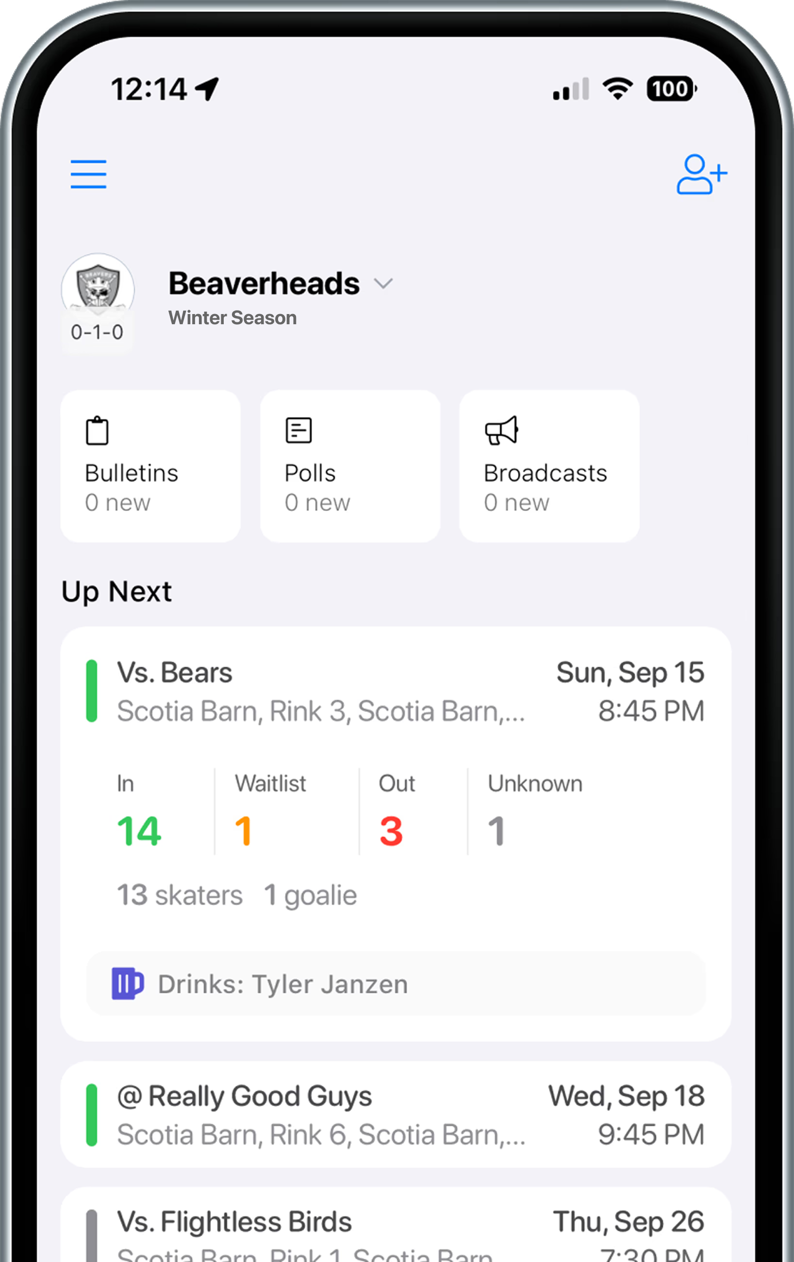 BenchApp team home screen